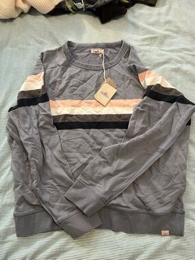 Faherty Light Blue Crewneck Sweater with Peach, White & Navy Stripes